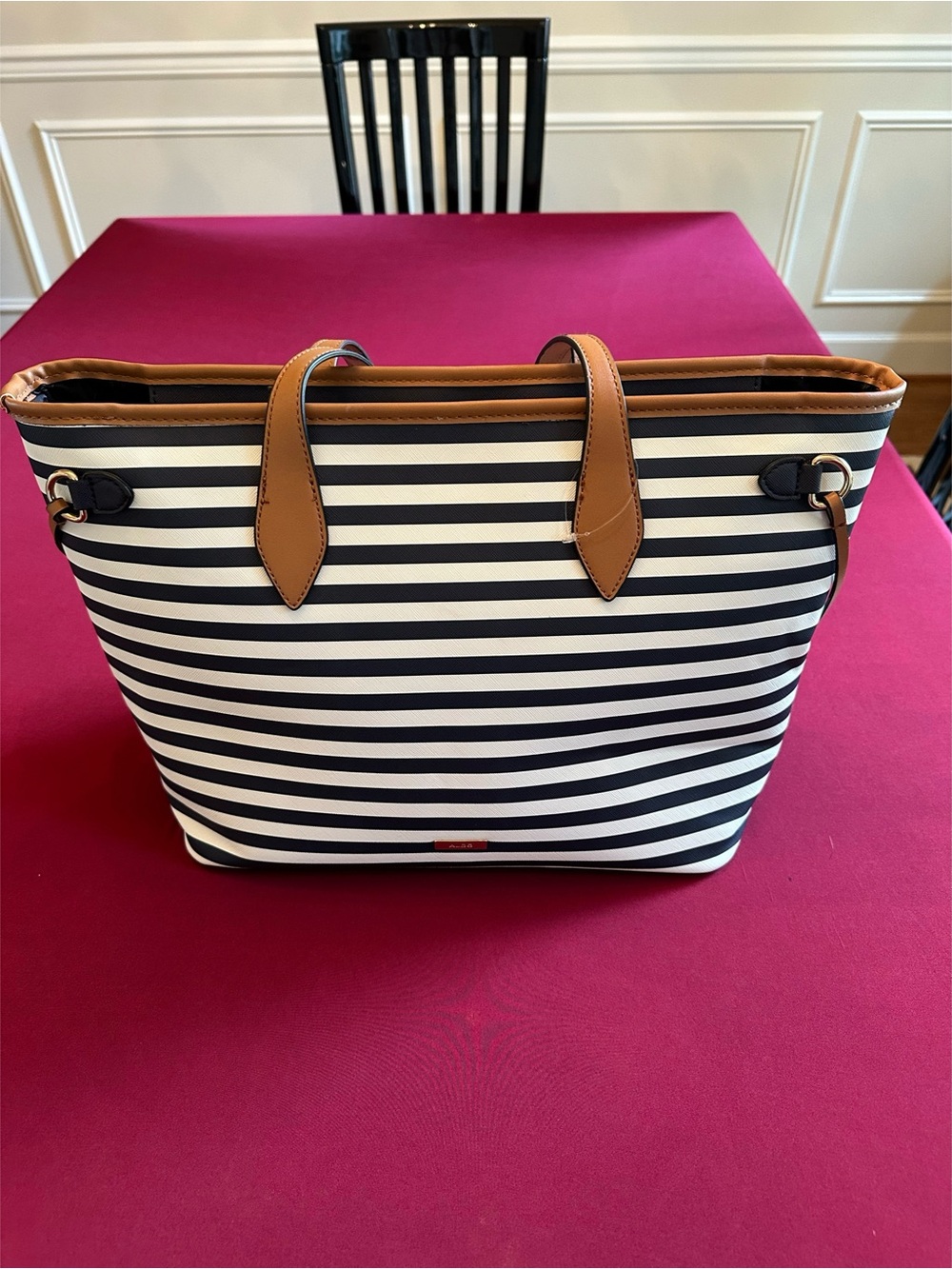Aldo Striped Navy and White Large Tote with Tan Trim NWOT - Picture 4 of 14
